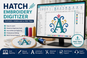 Hatch Embroidery Digitizer software interface with embroidery design tools, free trial, and professional digitizing features.