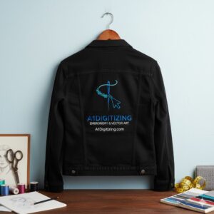 A1Digitizing price list for embroidery digitizing services including $20 Jacket Back and $15 Left Chest options, featuring full back logo examples.