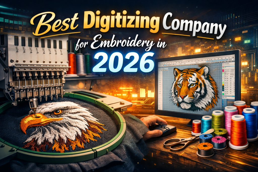 Professional embroidery digitizing machine stitching eagle design while a computer screen displays a tiger embroidery digitized file, representing the best digitizing company for embroidery in 2026.