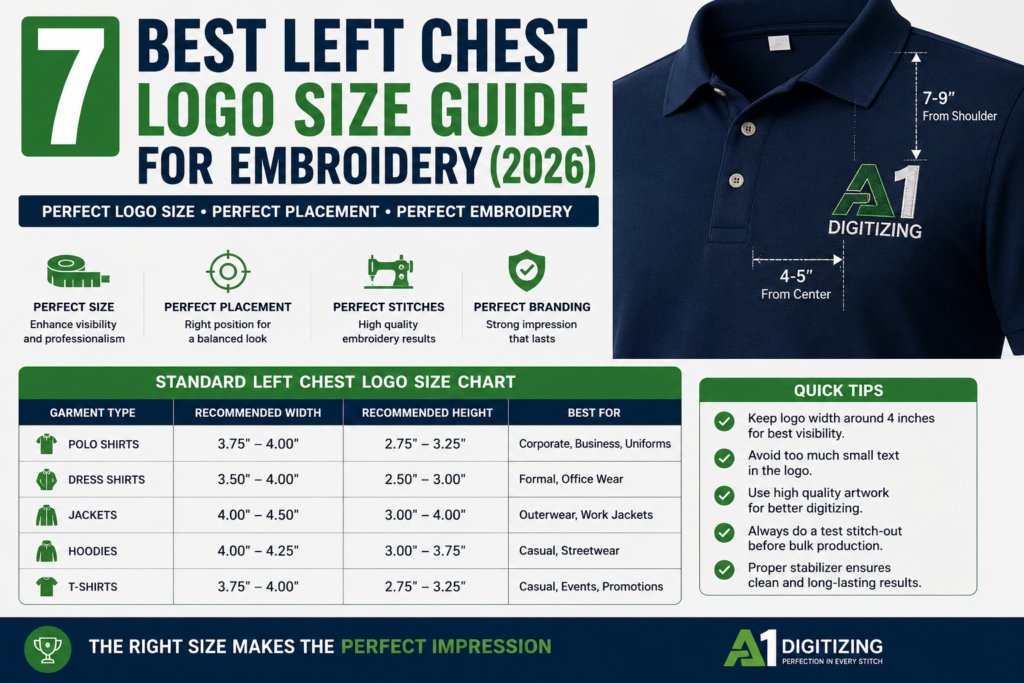 Professional left chest logo size guide for embroidery showing standard logo dimensions, placement measurements, and recommended sizes for polo shirts, jackets, hoodies, and uniforms.