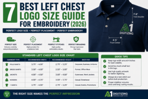 Home Professional left chest logo size guide for embroidery showing standard logo dimensions, placement measurements, and recommended sizes for polo shirts, jackets, hoodies, and uniforms.
