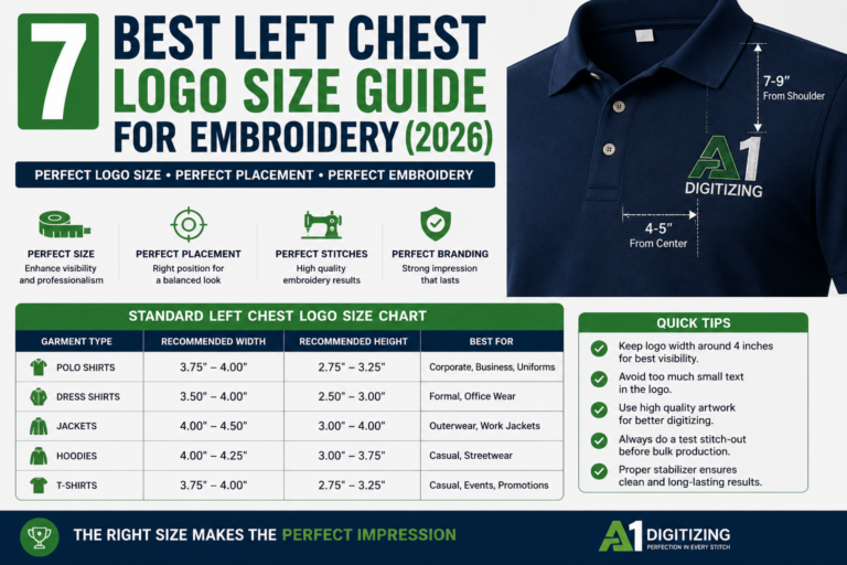Professional left chest logo size guide for embroidery showing standard logo dimensions, placement measurements, and recommended sizes for polo shirts, jackets, hoodies, and uniforms.
